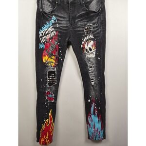 R3bel Men's Black Skinny Fit Distressed Graphic Jeans 36x32 Skull Flames